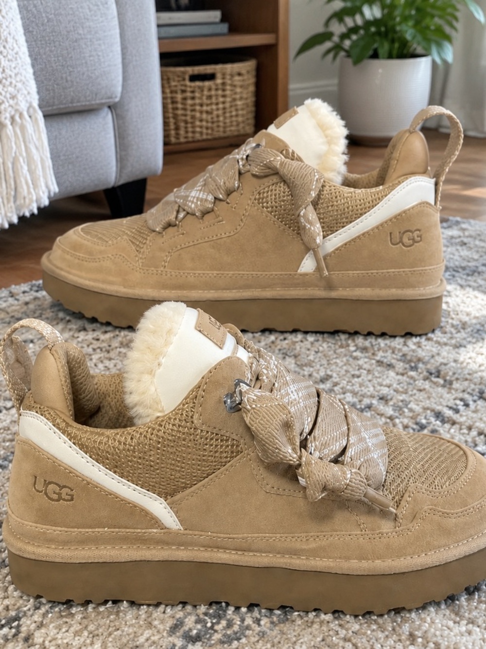 UGG Women's Tan Suede Lace-Up Sneakers with Cream Shearling Collar